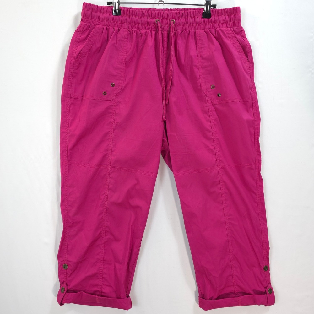 Palm Rio Crop Cargo Pants Women 1X Elastic Waist Hot Pink Travel Utility Coastal